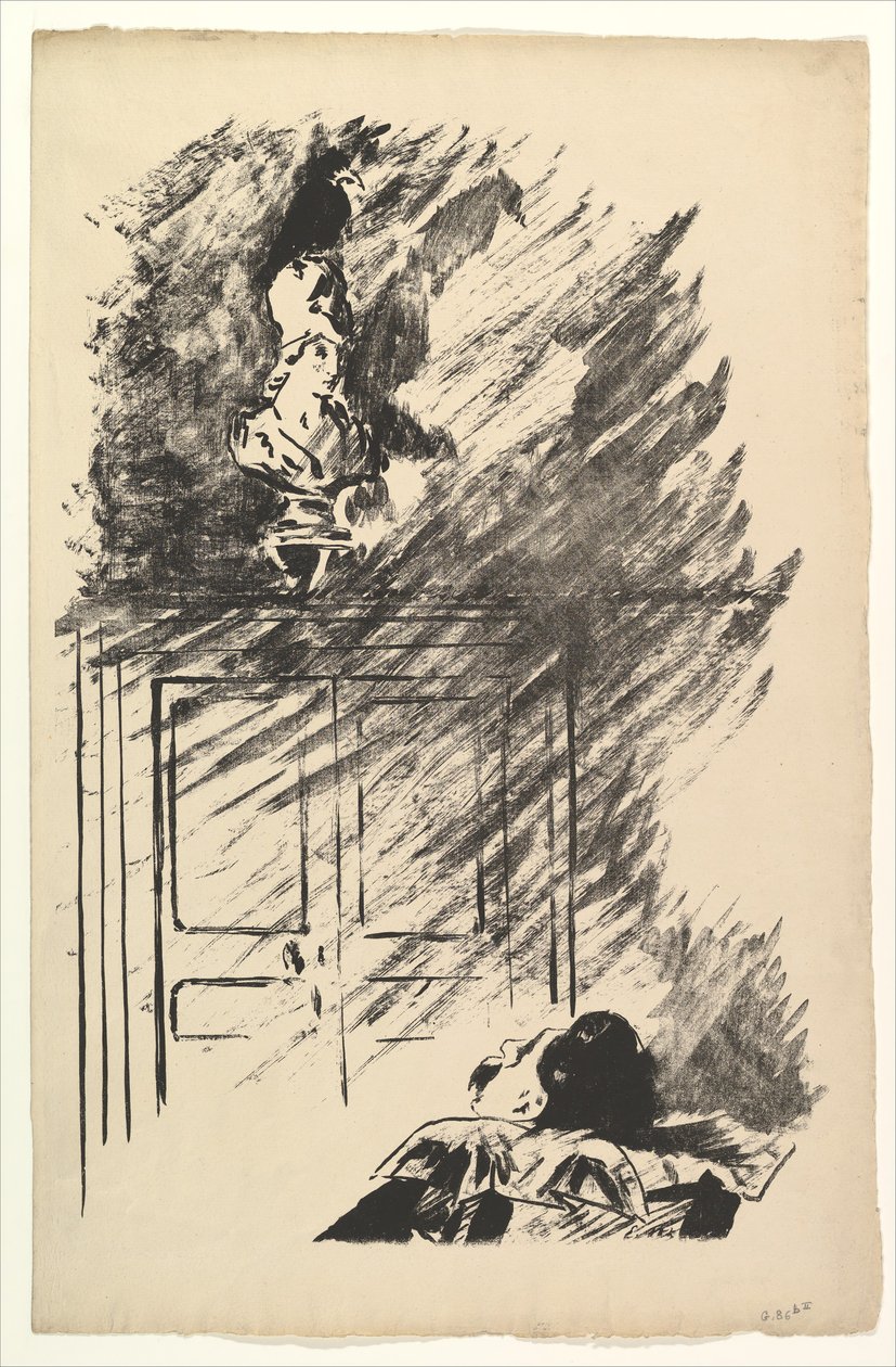 Sidder på en buste af Pallas. Illustration til Ravnen af Edgar Allan Poe, 1875. af Édouard Manet