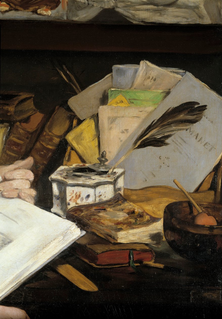 Portræt af Emile Zola, detalje. Blækskål med kuglepen og bøger inklusive en "Manet". Maleri af Edouard Manet (1832-1883) 1868 Paris, Musee d