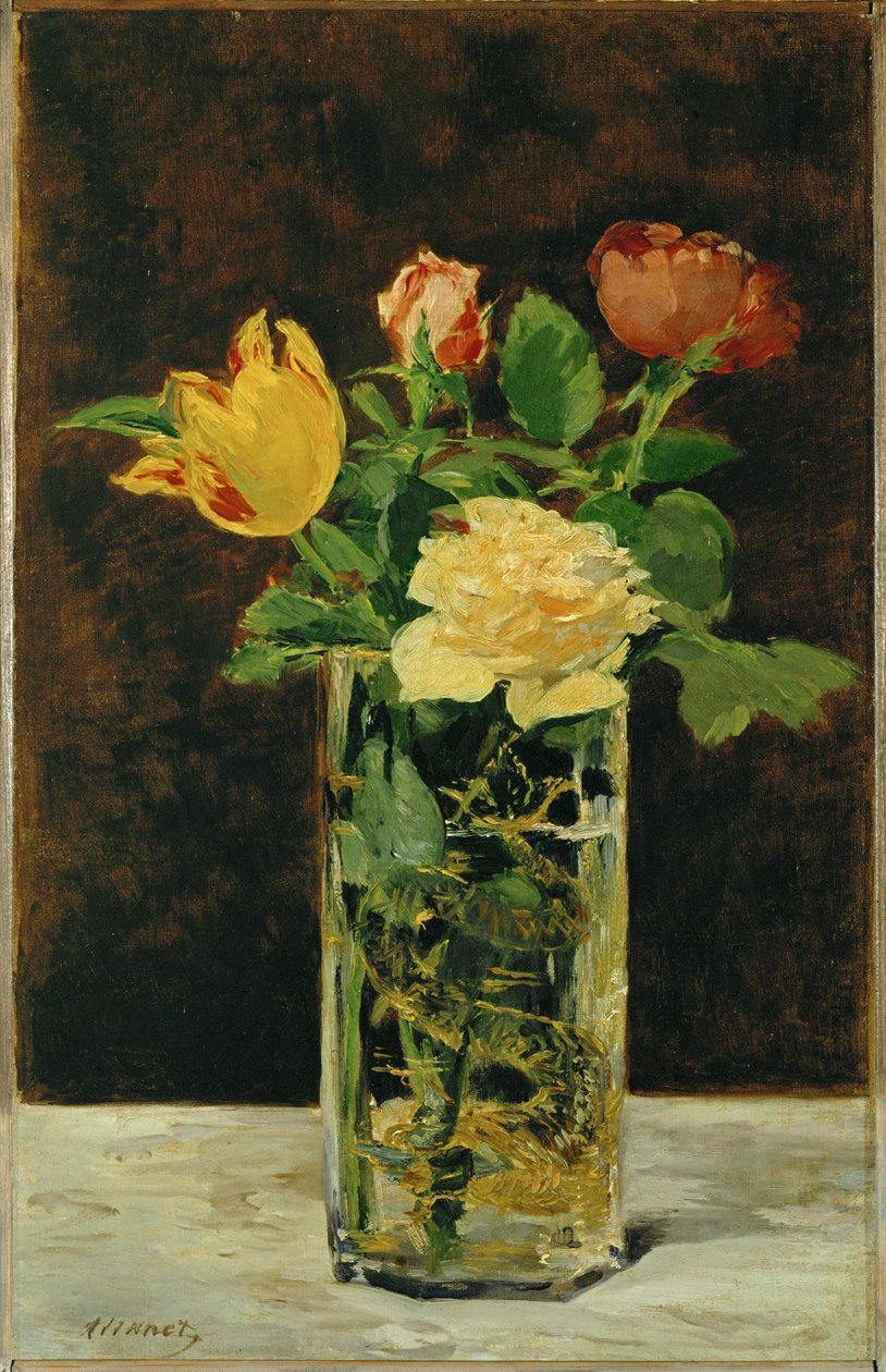 Rose og tulipan (olie på lærred) af Edouard Manet