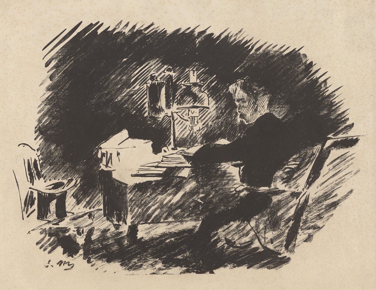 Under lampen, fra Stéphane Mallarmés oversættelse af Edgar Allan Poes "Ravnen" af Édouard Manet