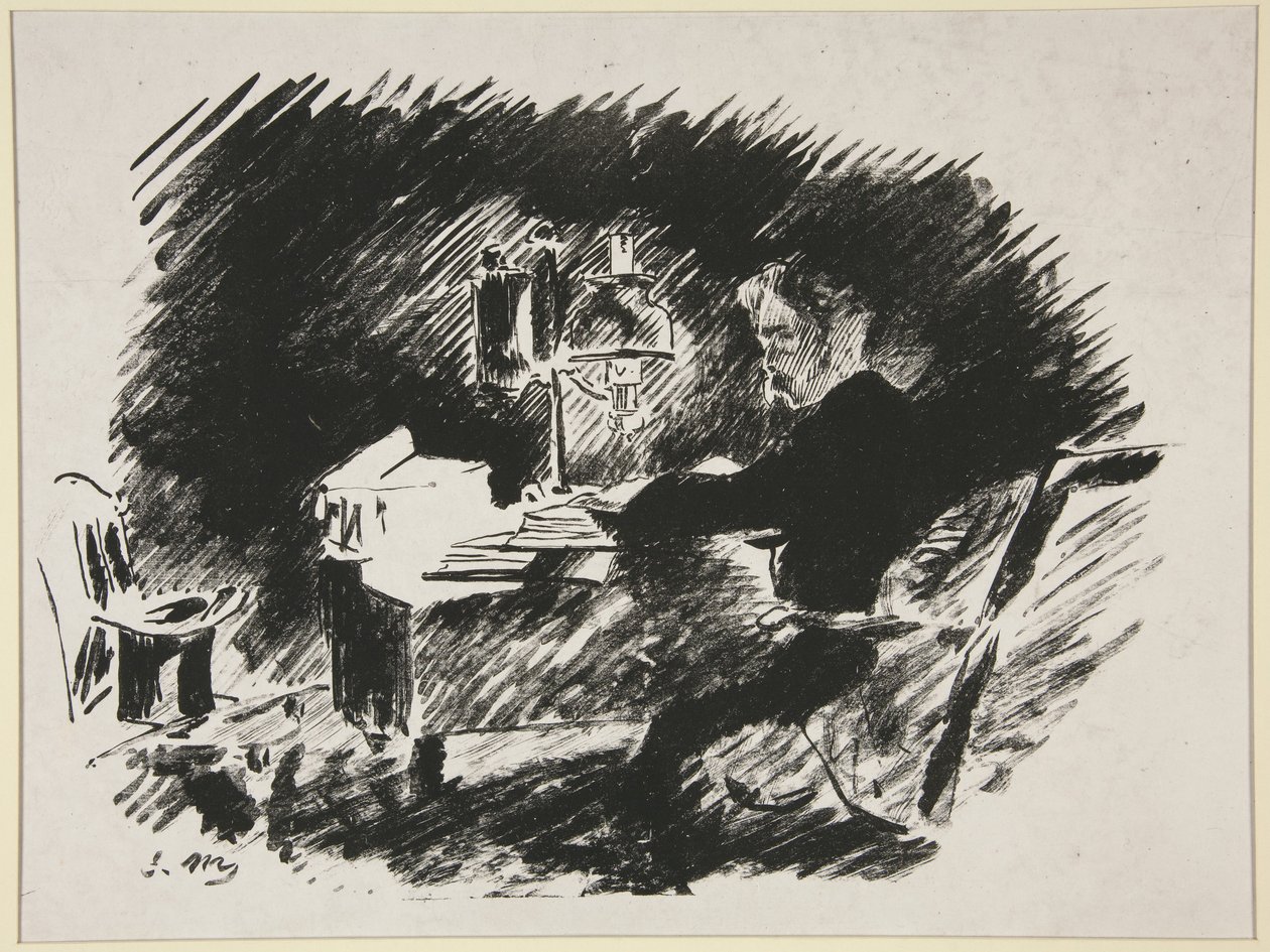 Under lampen, første illustration til Mallarmés oversættelse af Poes «Ravnen» af Édouard Manet
