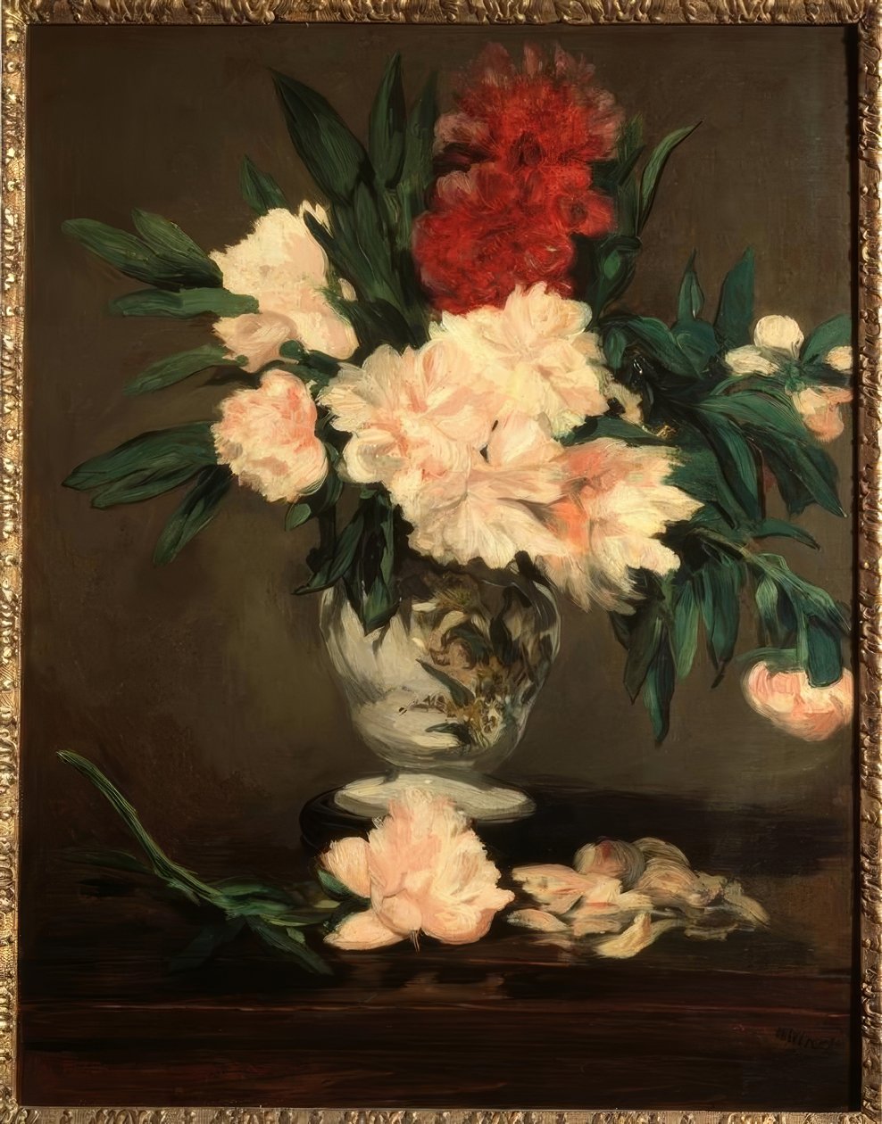 Vase med pæoner på piedestal af Édouard Manet