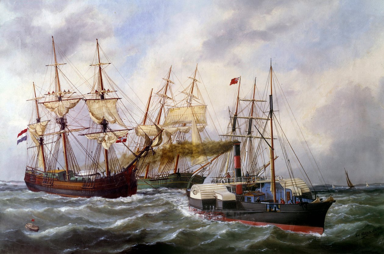 To trailere med tre måtter af Le Neptune au Havre i 1882 Maleri af Edouard Adam (1847-1929) 1882 Paris, Musee de la Marine af Edouard Marie Adam
