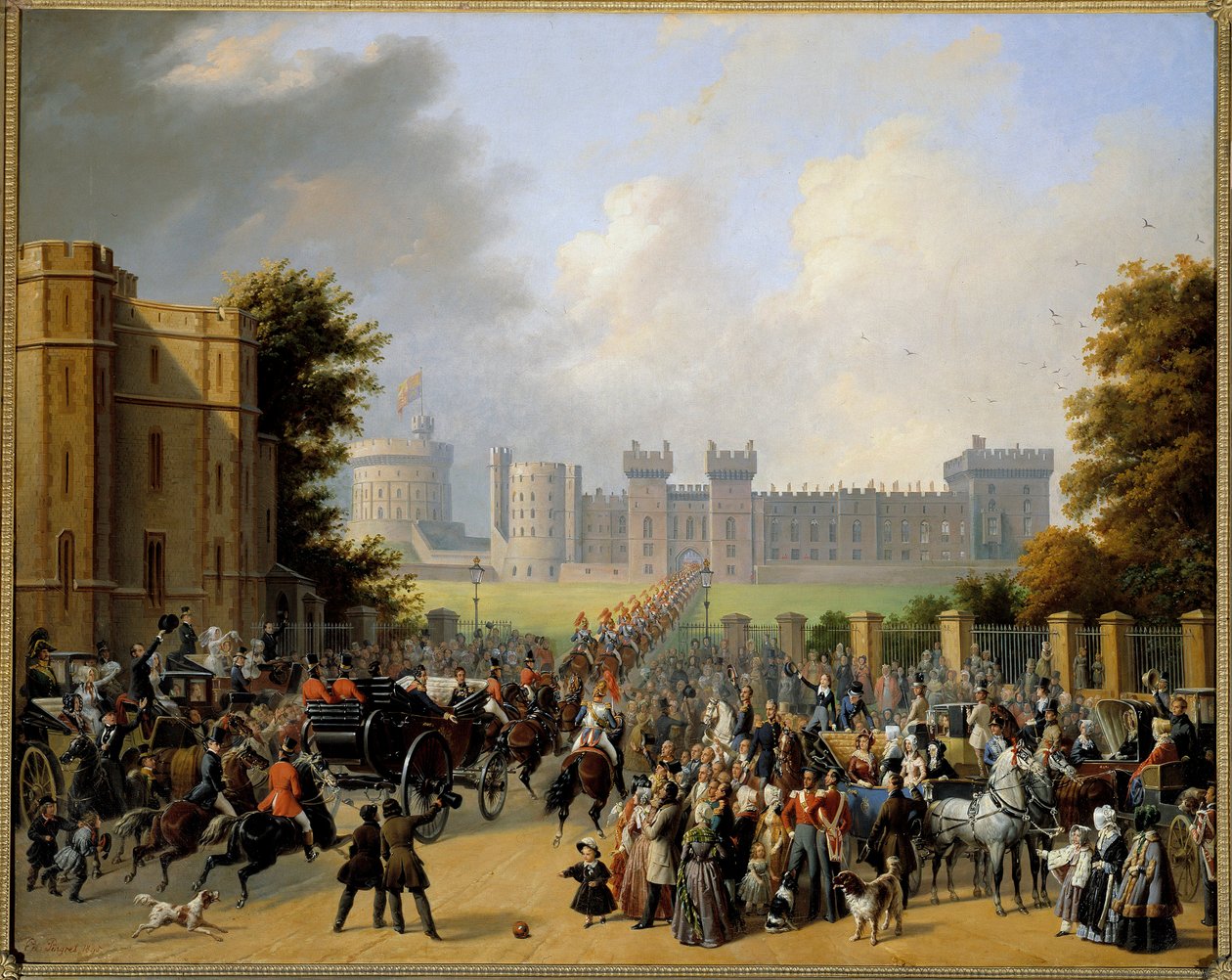Ankomst af Louis Philippe I (1773-1850) til Castle of Windsor 8/10/1844 Maleri af Edouard Pingret (1788-1875) 1845 Søn. 1,28x1,6 m af Edouard Pingret