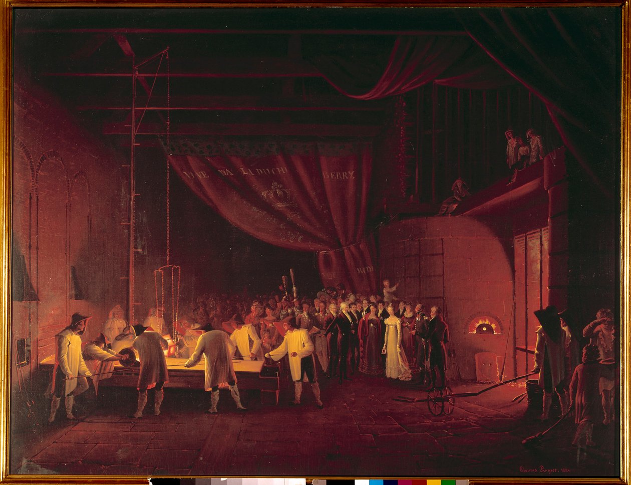 Marie Caroline de Bourbon Sicilien, hertuginde af Berry (1798-1870), besøgte fabrikkerne i Saint Gobain i 1822. Arbejderne lavede en bordstøbning af glas. Maleri af Edouard Pingret (1788-1875) 1824 Privat samling af Edouard Pingret