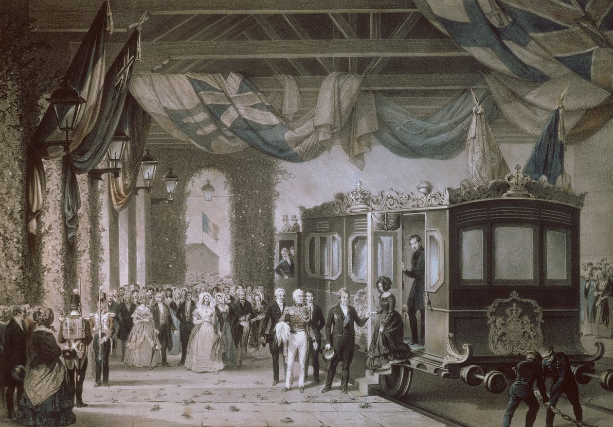 Dronning Victoria (1819-1901) og Prins Albert (1819-61) ankommer til Gosport Station, Hampshire, indgraveret af Bayot & Cuvilier, 1846 af Edouard Pingret