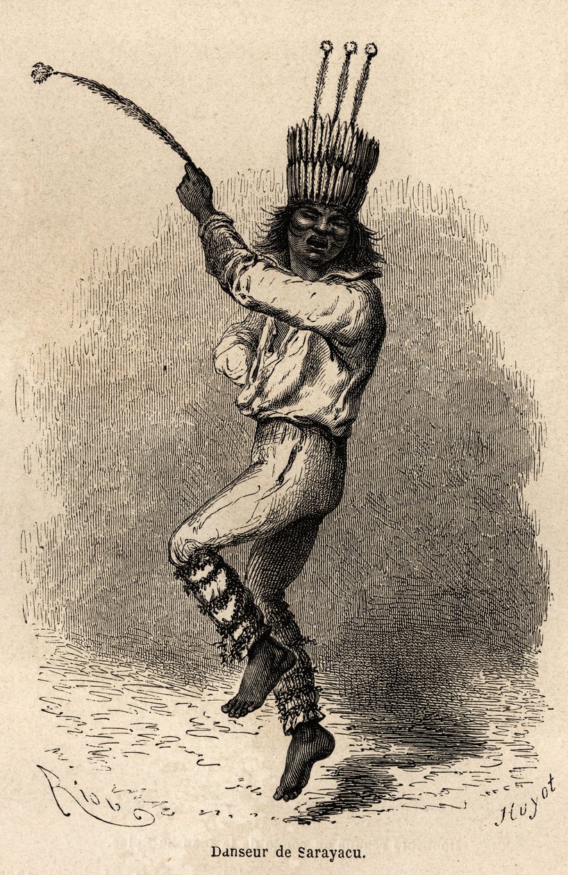 En danser i Sarayacu (Peru), tegning af Riou, for at illustrere Paul Marcoys rejse fra Stillehavet til Atlanterhavet fra 1848 til 1860. Indgravering i "" Le tour du monde"", redigeret af Edouard Charton af Edouard Riou