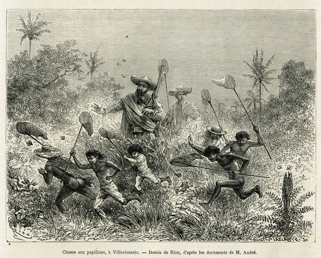 En flok børn jagede efter sommerfugle, ledsaget af forfatteren, en Villavicensio (Colombia), tegning af Riou, for at illustrere historien om Equinoxiale America (Colombia, Ecuador, Peru), i 1875-1876, af Ed. andre, rejsende med ansvar for mission af F af Edouard Riou