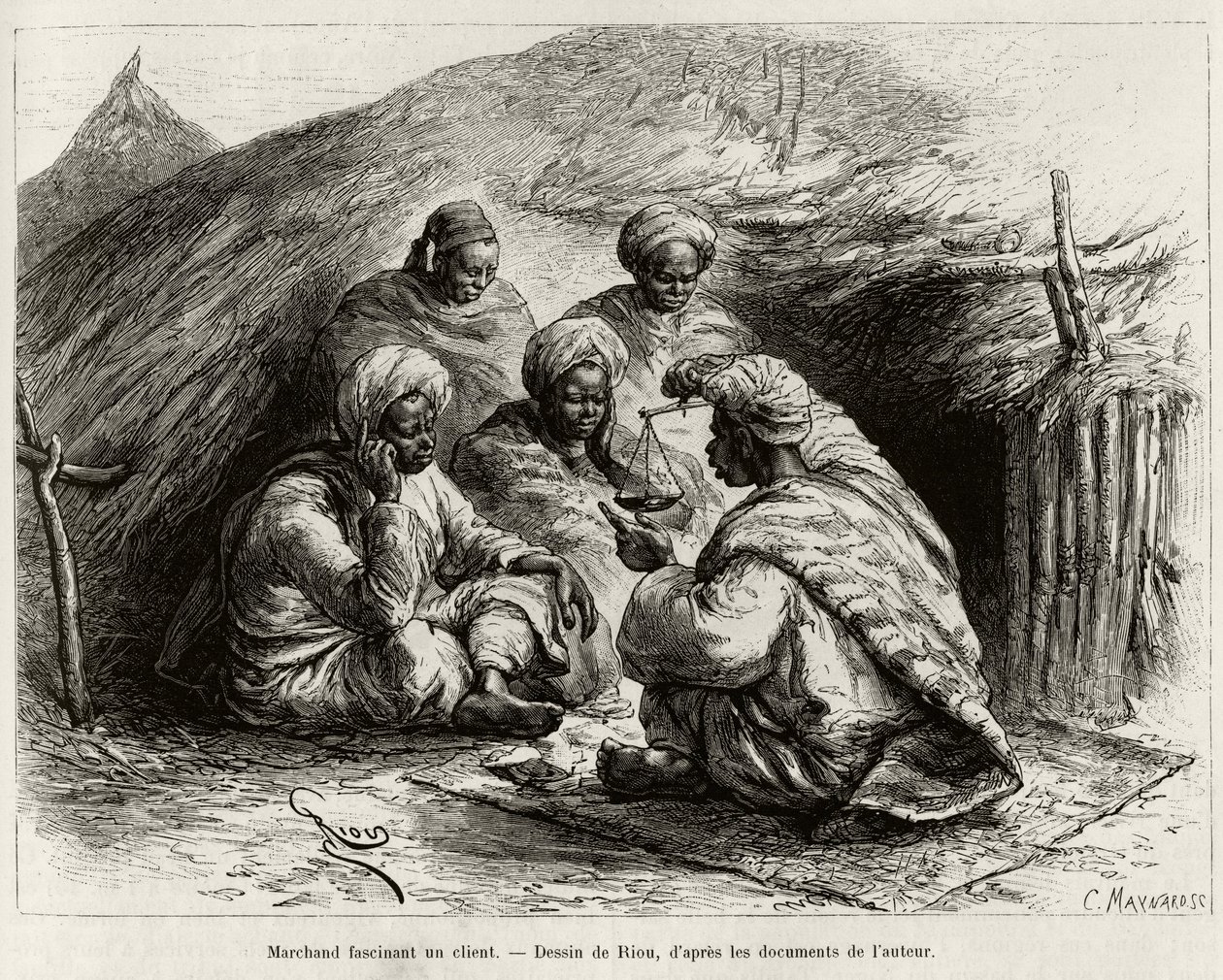 En købmand, der fascinerer en kunde, sidder på gulvet, på en lille måtte, han laver artiklen ved at holde en vægt. Gravering af Riou, for at illustrere historien ""Fra Niger til Guineabugten"", af kaptajn Louis Gustave Binger (1856-1936), i 1887-1889, i af Edouard Riou