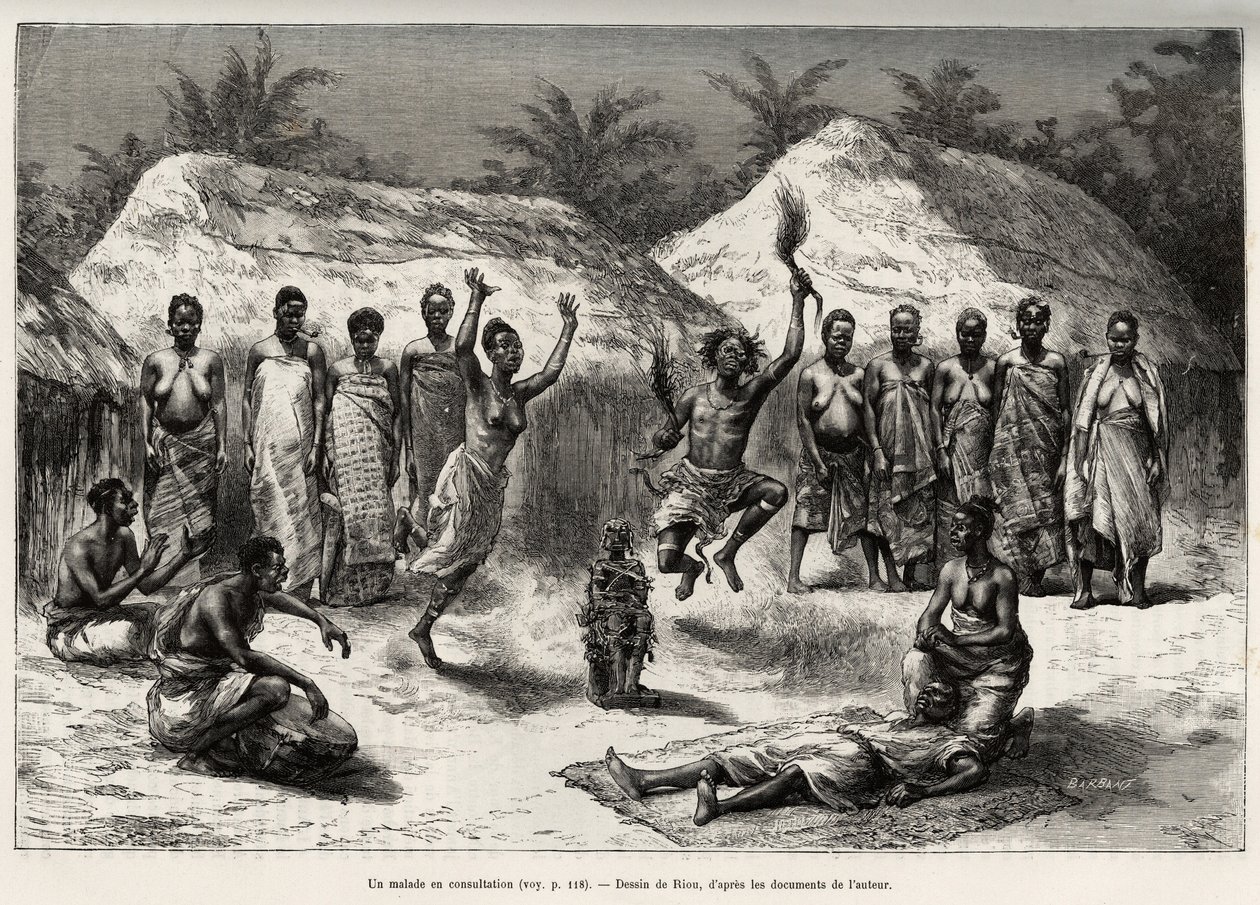 En patient i samråd med agni (eller anyi, Elfenbenskysten), troldlægen udfører en dans, efter at have placeret en fetiche foran patientens løgne. Gravering af Riou, for at illustrere historien "" Fra Niger til Guineabugten"" af kaptajn Louis Gu af Edouard Riou