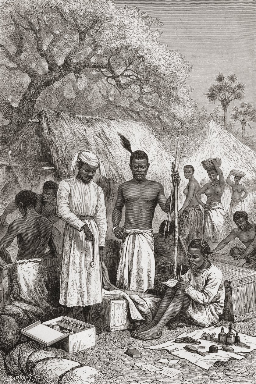 Abdullah Souzi, Jacob Wainright and James Chouma, Drs. David Livingstone "s three servants, taking stock of his belongings after his death in 1873, illustration from" The World in the Hands ", engraved by Charles Barbantdani af Edouard Riou