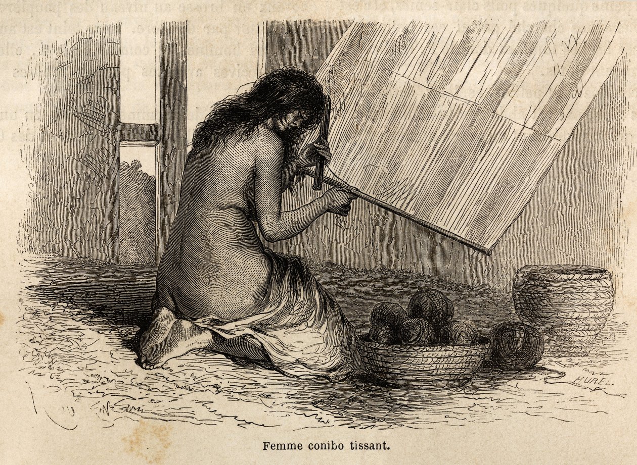 En indisk Conibo fra Peru vævning, tegning af Riou for at illustrere rejsen, fra 1848 til 1860, af P. Marcoy, fra Stillehavet til Atlanterhavet. Indgravering i "" Le tour du monde"", redigeret af Edouard Charton af Edouard Riou
