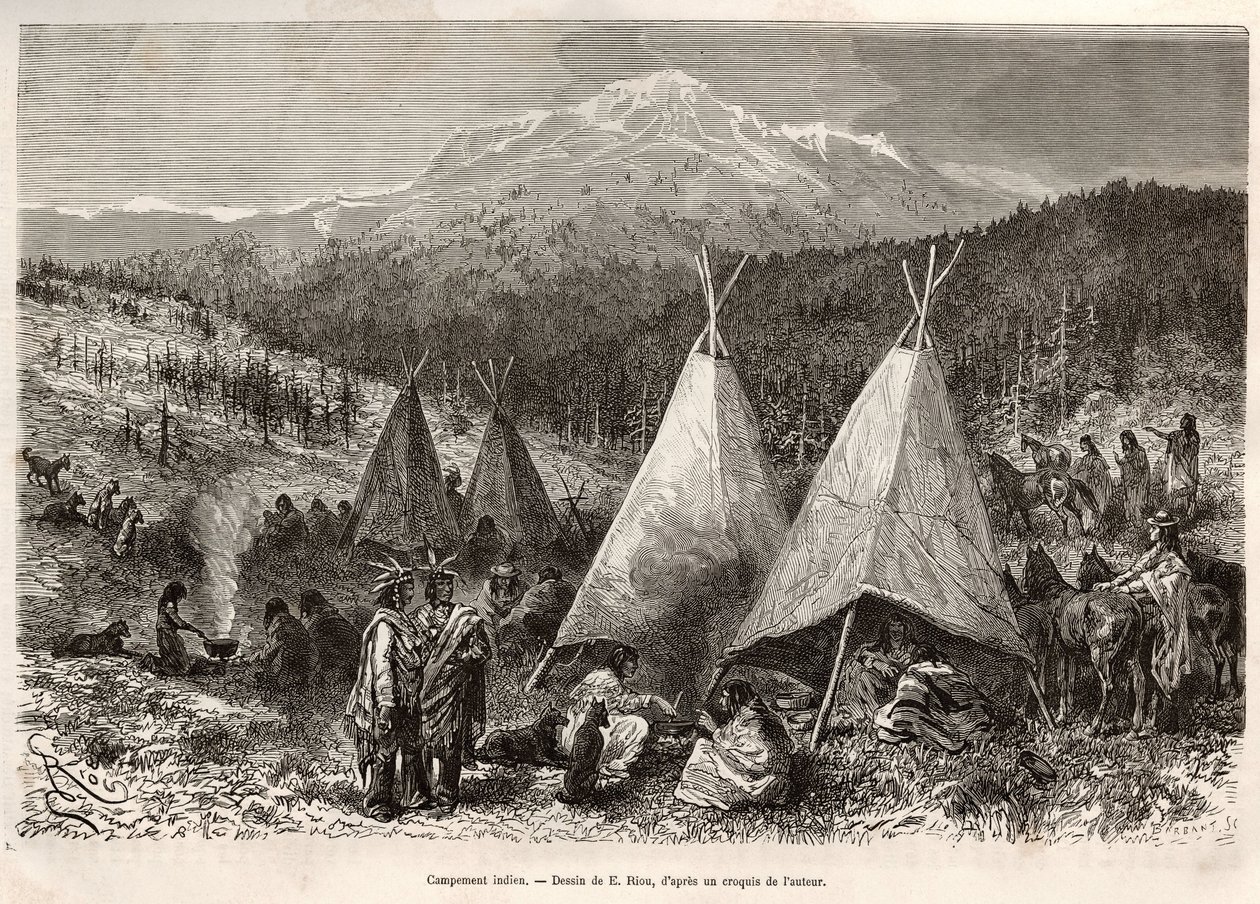 En indisk lejr på Utahs territorium ved bredden af Riviere Verte. Gravering efter tegningen af E.Riou, for at illustrere historien La conquete blanche, af William Hepworth Dixon, i 1875, udgivet i "" Le tour du monde""" 1876, redigeret af Edouard Charto af Edouard Riou