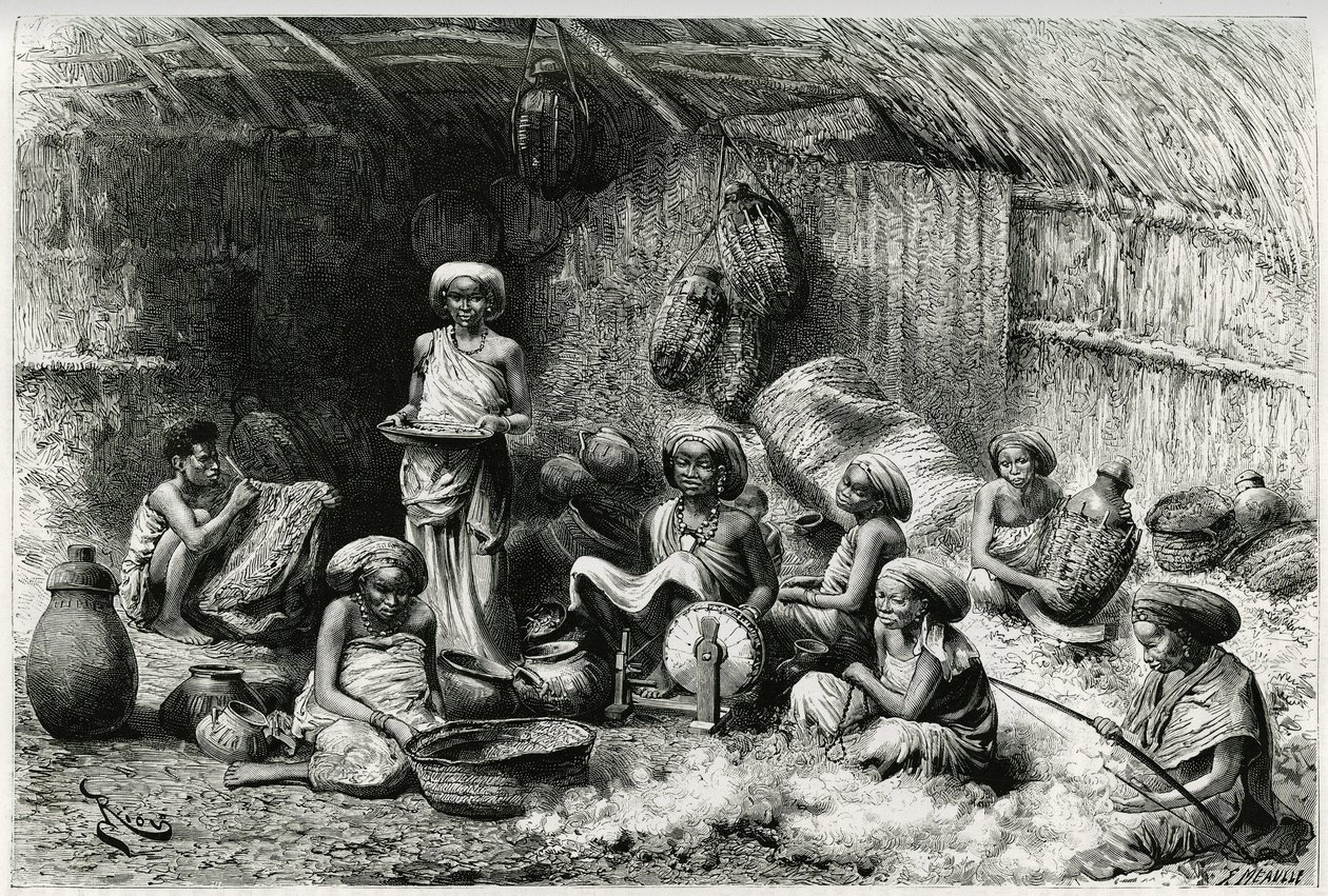 En eftermiddag hos Sheik of the Gobrons favorit, kvindeaktiviteter: broderi og spinding af uld, kurvefletning og keramik. Gravering af Riou, for at illustrere historien "" Voyage chez les Benadir, les somalis et les Bayoun"", i 1882-1883, af Georges Rev. af Edouard Riou