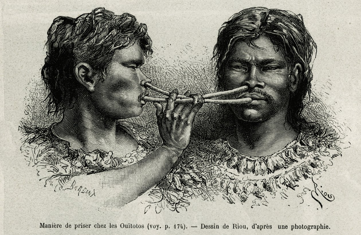 Et instrument lavet af fugleben og en måde at snuse på blandt indianerne ouitotos (uitoto), der blæser i kor, sender de samtidig fangsten. Gravering af Riou, for at illustrere historien om Cayenne aux Andes, af Jules Crevaux, læge i den franske flåde, af Edouard Riou
