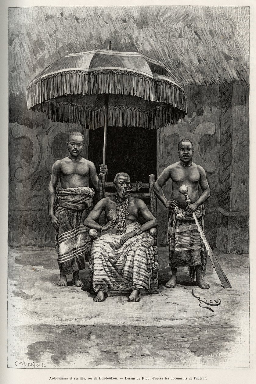 Ardjoumani (død 1892) og hans sønner, konge af Bondoukou (Elfenbenskysten). Gravering af Riou, for at illustrere historien "" Fra Niger til Guineabugten"" af kaptajn Louis Gustave Binger (1856-1936), i 1887-1889, i Le tour du monde, nouveau journal des voy af Edouard Riou