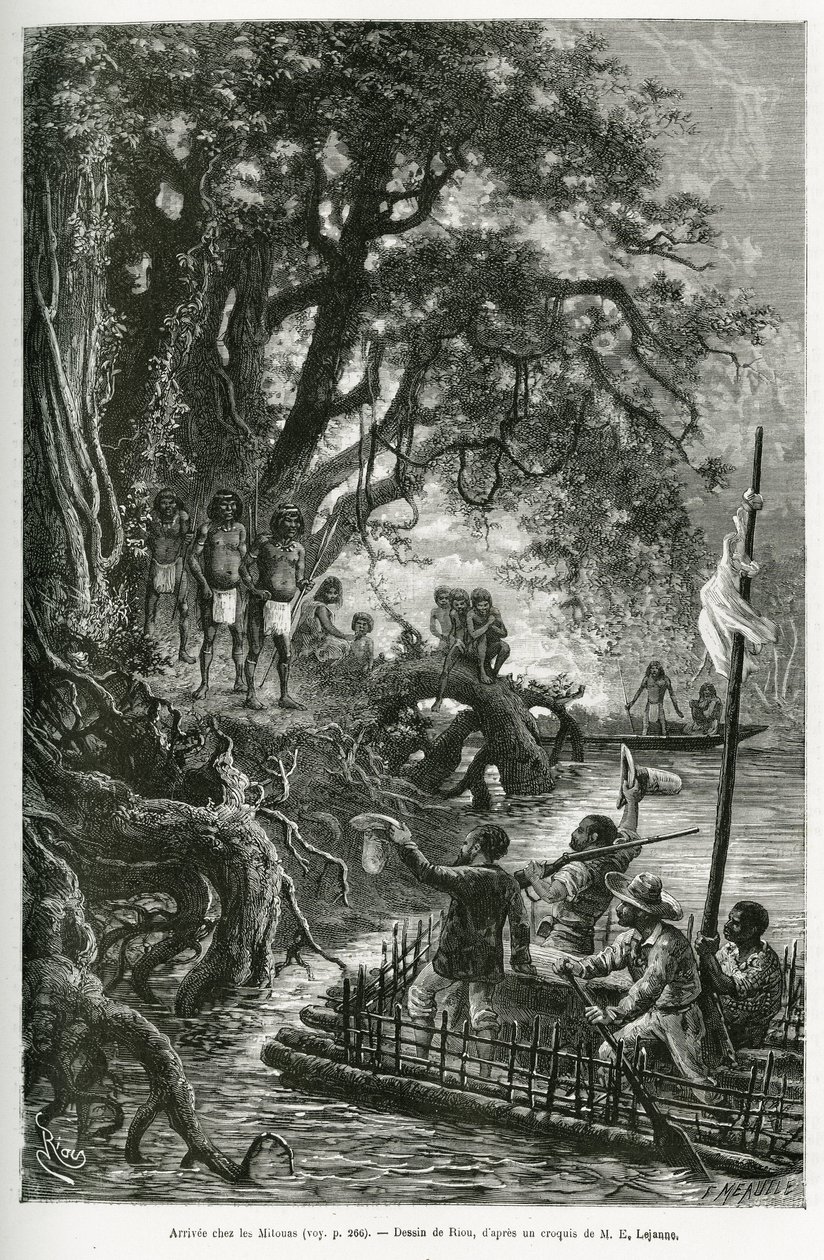 Ankomst af tømmerflåden af Dr. Crevaux og E. Lejeanne, på bredden, der grænser op til landsbyen Mitouas. Gravering af Riou, for at illustrere udforskningsrejsen gennem New Granada og Venezuela, af Doctor Crevaux, førsteklasses læge i flåden og E.Leje af Edouard Riou