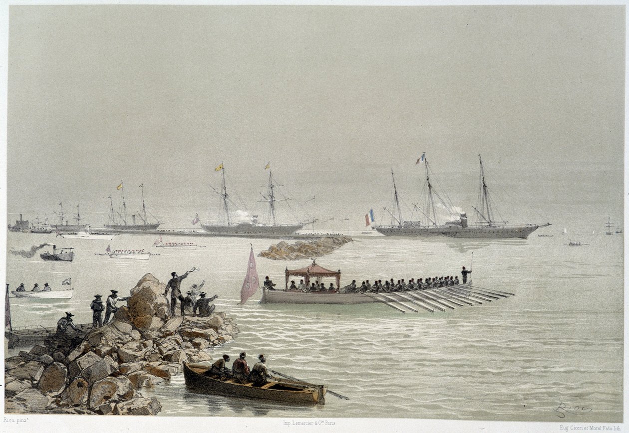 Ankomst af suverænerne til Suez i "" Indvielse af Suez-kanalen af G. Nicole. 1869 af Edouard Riou