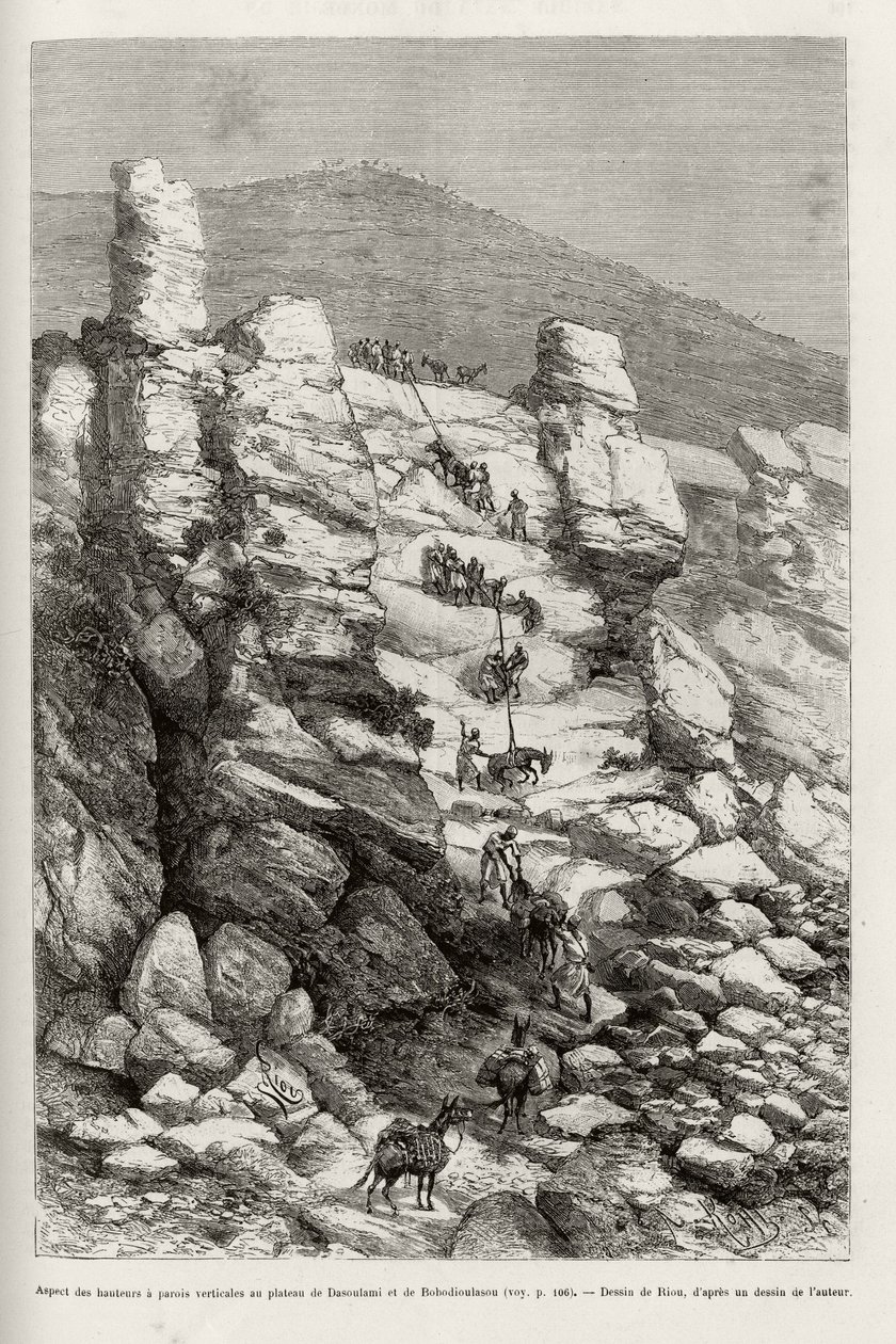 Aspekt af højderne med lodrette vægge på Dasoulami- og Bobodioulasou-plateauet (Guineabugten), beskrivelse af teknikkerne til at kroge ekspeditionskonvojens bjerge. Gravering af Riou, for at illustrere historien "" Fra Niger til Gui-bugten af Edouard Riou