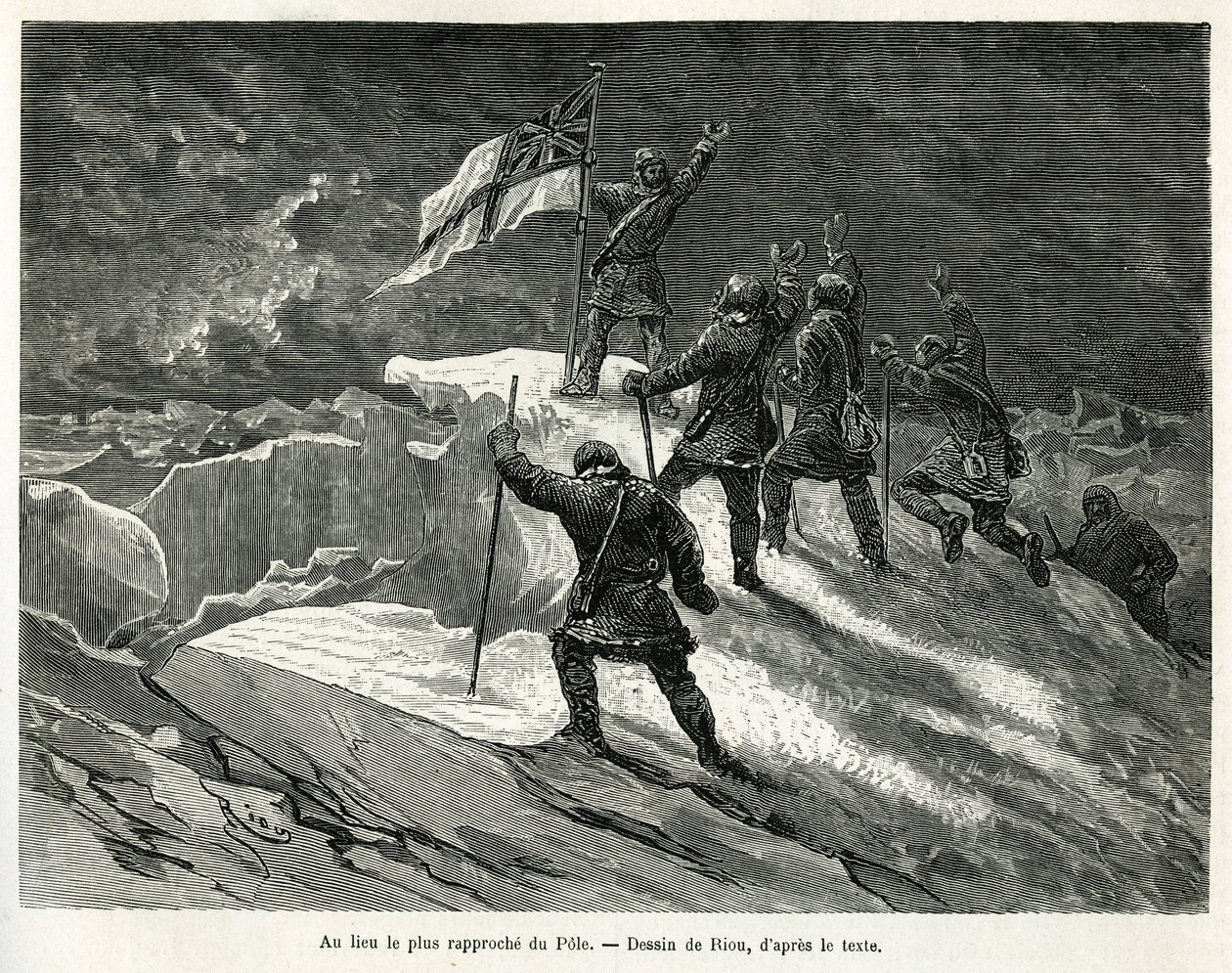 Kaptajn George Strong Nares (1831-1915) plantede det britiske flag på stedet nærmest stangen, tegnet af Riou, for at illustrere historien om en rejse til polarhavet i 1875-1876 af kaptajn G.S.Nares. Indgravering i Le tour du monde af Edouard Riou
