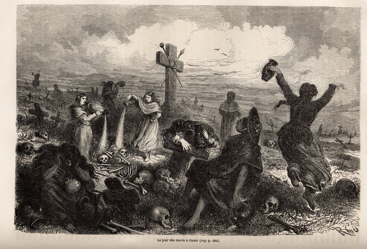 Fejring af fete des morts i Cuzco, tegning af Riou, for at illustrere Paul Marcoys rejse gennem Sydamerika fra 1848 til 1860. Indgravering i "" Le tour du monde"", redigeret af Edouard Charton af Edouard Riou