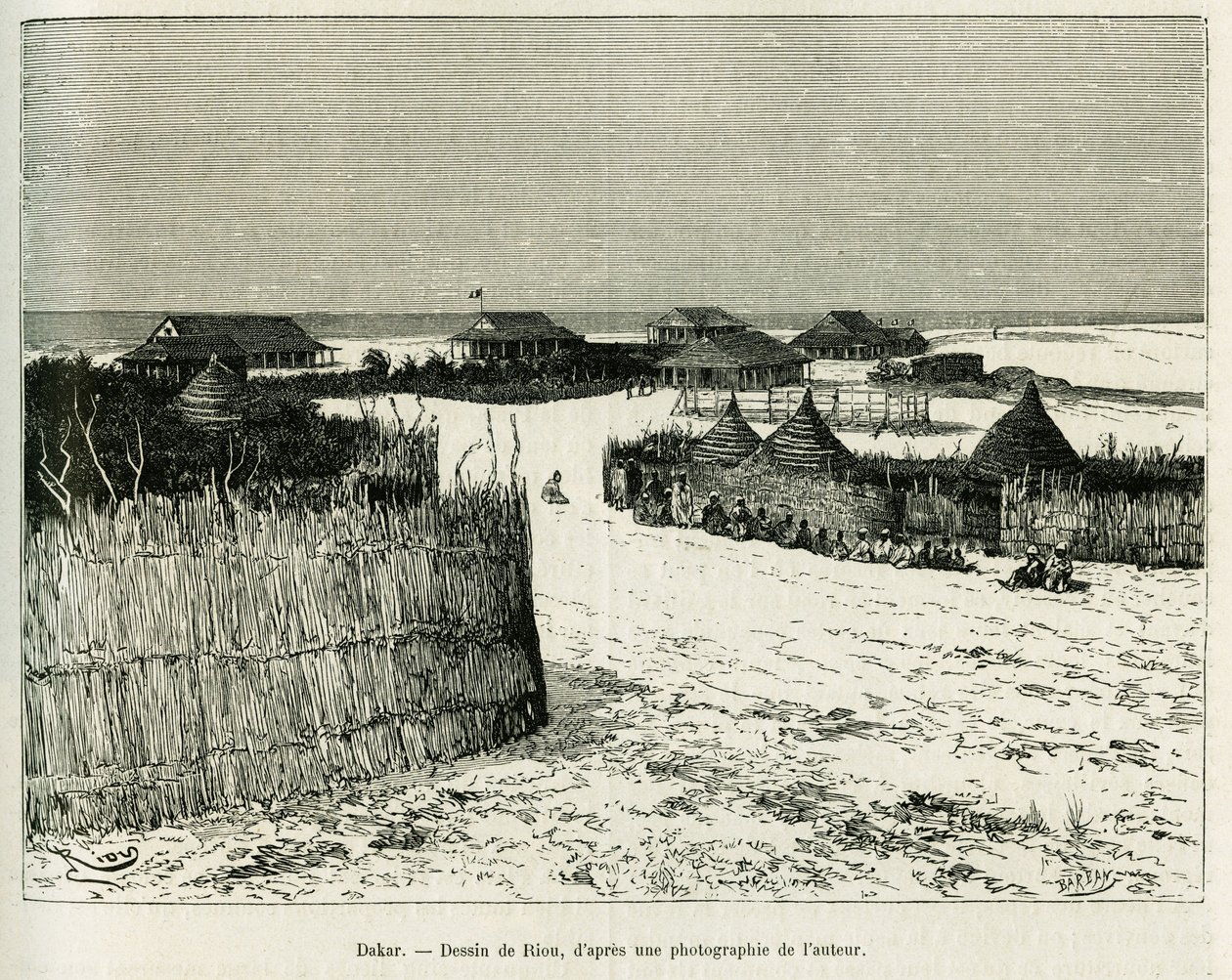 Dakar. Gravering af Riou for at illustrere historien Voyage a la Plata, tre måneders ferie af Emile Blaireaux i 1886, i tour du monde 1887, under ledelse af Edouard Charton (1807-1890), Hachette, Paris. af Edouard Riou
