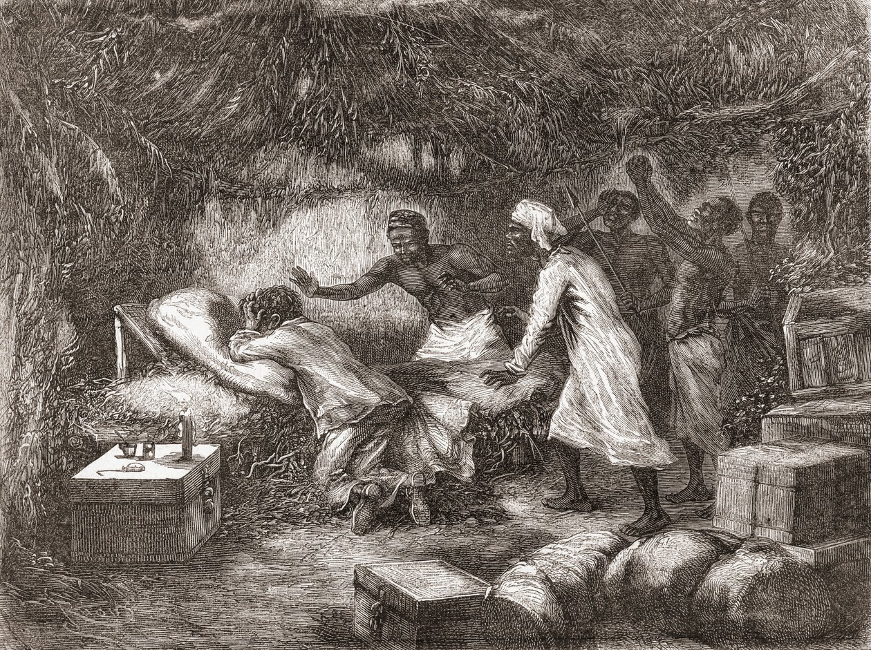 Death of Dr. Livingstone in the village of Tchitammbo, Africa, in 1873, illustration from "The World in the Hands", published 1878dani af Edouard Riou