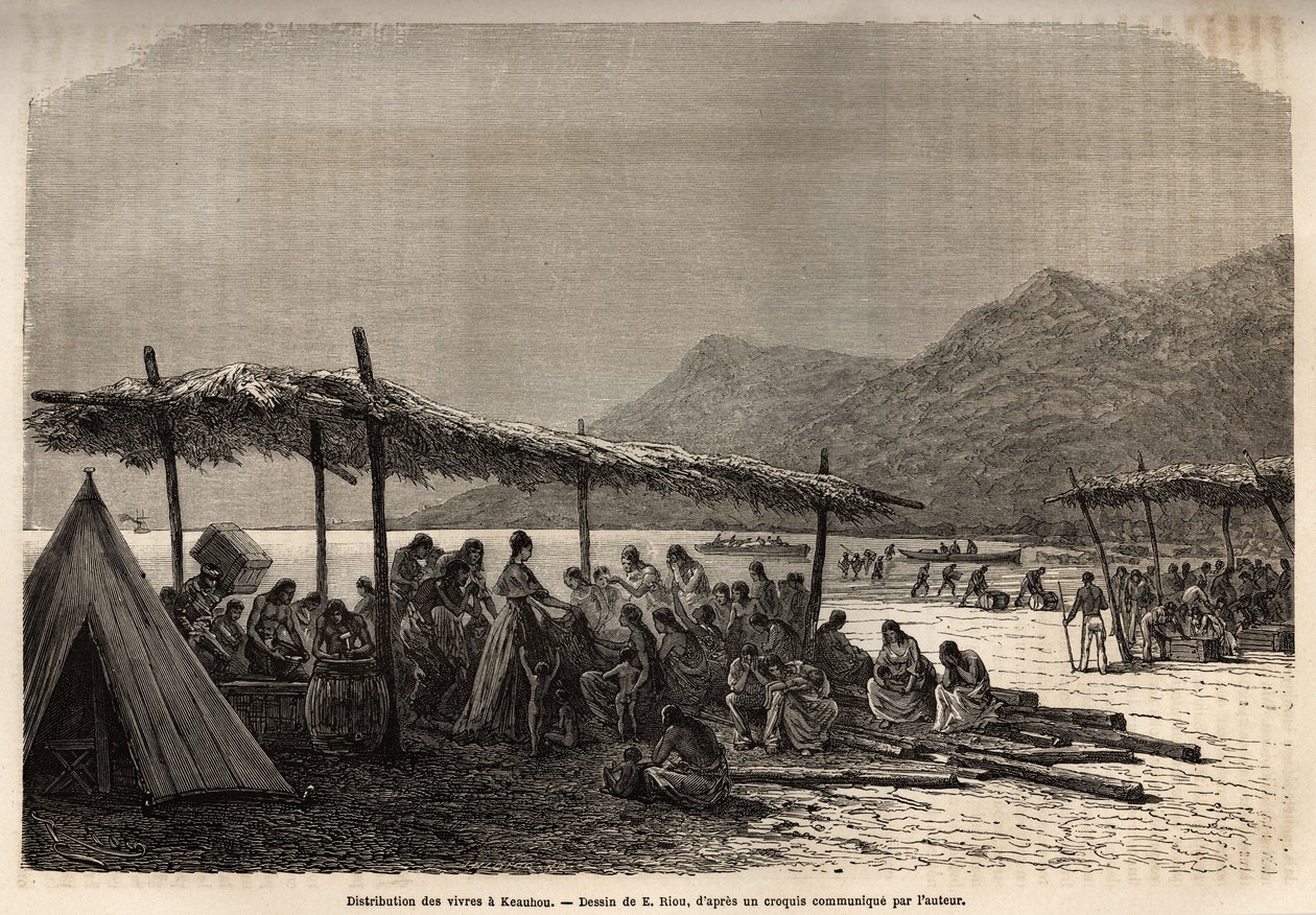 Uddeling af mad i Keauhou, efter jordskælvet og vulkanudbruddet i 1868, til ofrene for katastrofen, gravering efter tegningen af E.Riou, der illustrerer rejsen til Sandwichøerne, i 1855-1869, af C. de Varigny, udgivet i "" Le af Edouard Riou