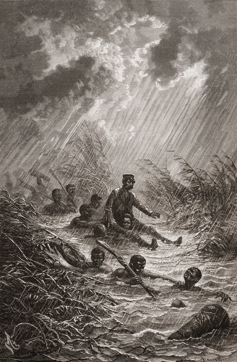 Dr. David Livingstone bliver båret gennem en sump af portører under sin ekspedition til Afrika i 1872, illustration fra "The World in the Hands", indgraveret af Charles Laplante af Edouard Riou