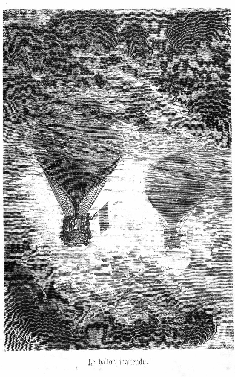Tegning af Jules Vernes bog "Five weeks en Ballon"-samlingen Hetzel/Extraordinary Travels. Victoriaballonen møder en anden ballon i skyerne af Edouard Riou