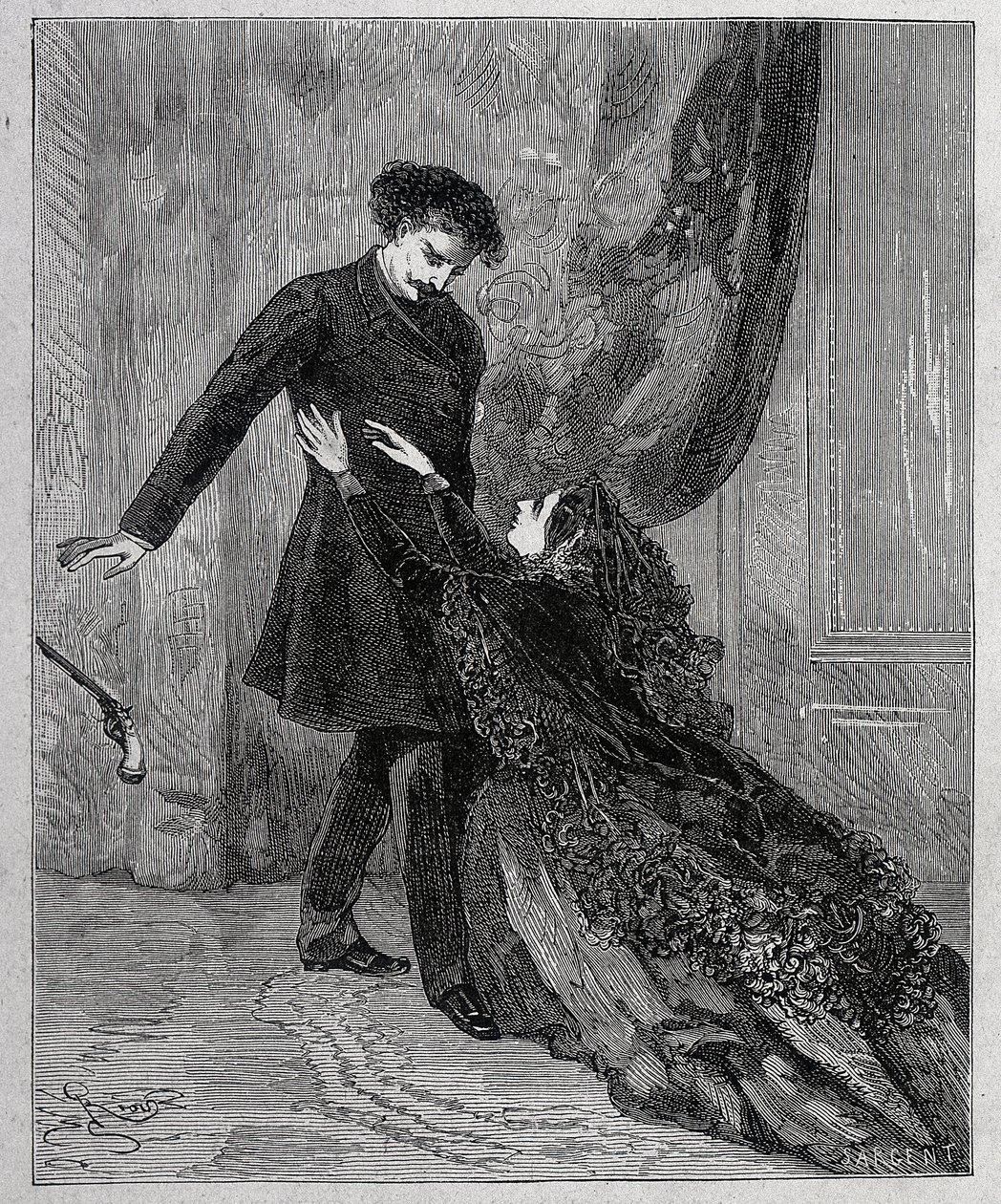 Edmond Dantes et Mercedes - Indgravering af Riou, i "" Greven af Monte Cristo"" (Monte-Cristo) af Alexandre Dumas pere (1802-1870), red. Jules Rouff & Cie af Edouard Riou