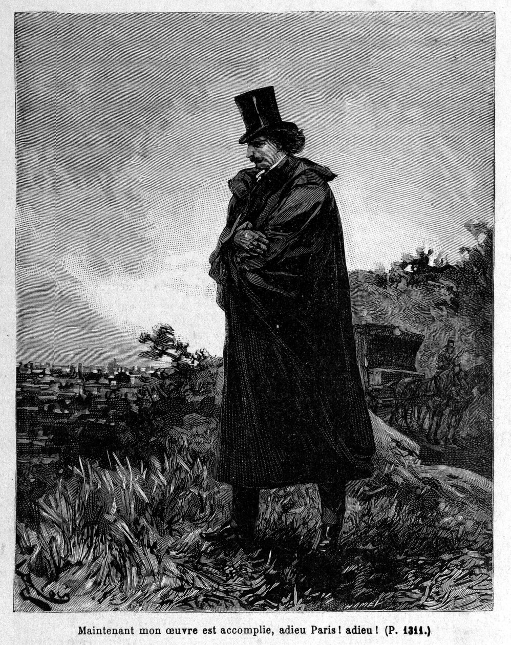 Edmond Dantes, greven af Monte-Cristo forlader Paris - Indgravering af Riou, i "" La Comte de Monte-Cristo"" af Alexandre Dumas, Rouff & Cie af Edouard Riou