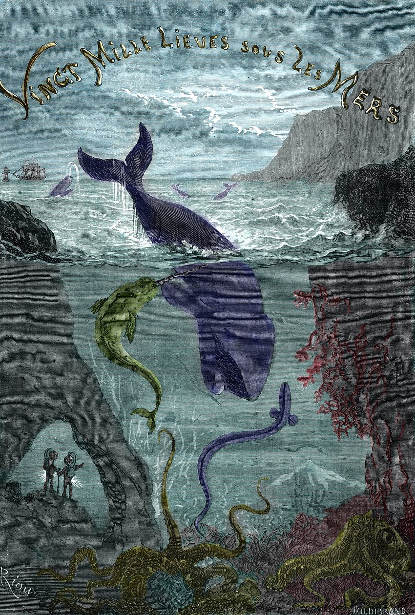 Kobberstik af Jules Vernes bog "Twenty thousand lieues sous les mers" (Tyvetusind - 20.000 - 20000) af Edouard Riou