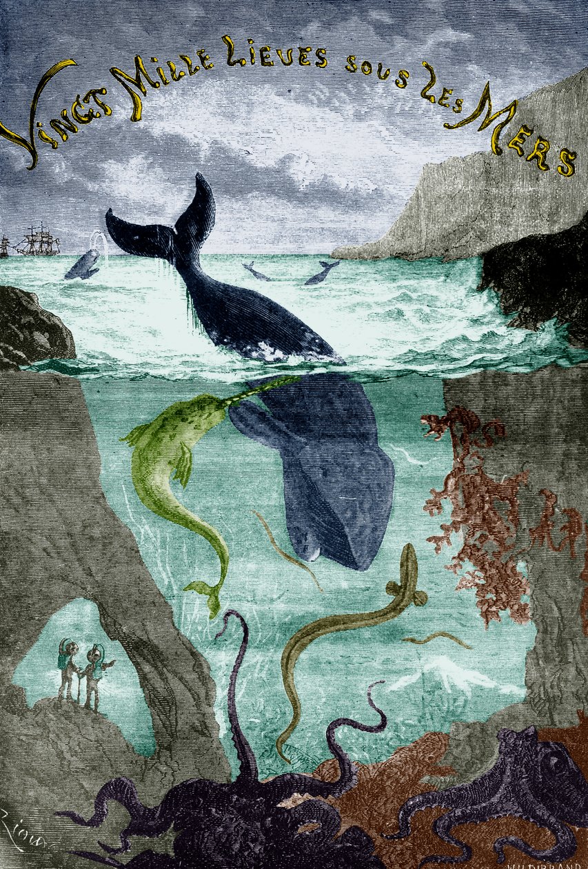 Forsiden til Jules Vernes roman 20.000 leagues under the sea (1870) , kobberstik, farvelagt dokument af Edouard Riou