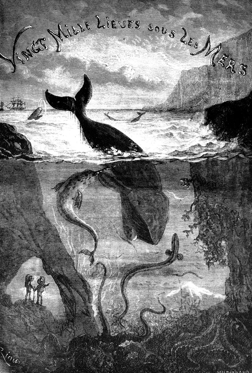 Forsidebillede til Jules Vernes roman 20.000 sømil under havet af Edouard Riou