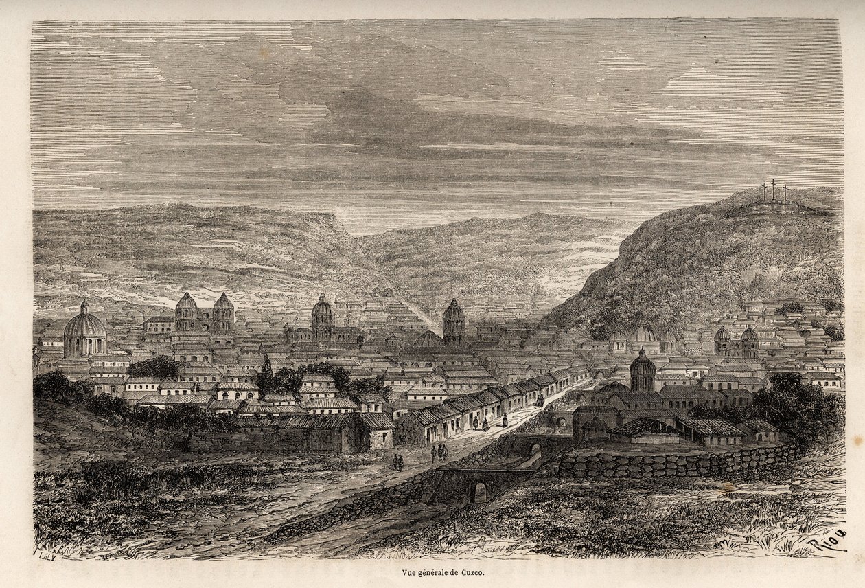 Generelt billede af Cusco eller Cusco, inkaernes tidligere hovedstad, tegning af Riou, for at illustrere Paul Marcoys rejse gennem Sydamerika fra 1848 til 1860. Indgravering i "" Le tour du monde"", redigeret af Edouard Charton af Edouard Riou