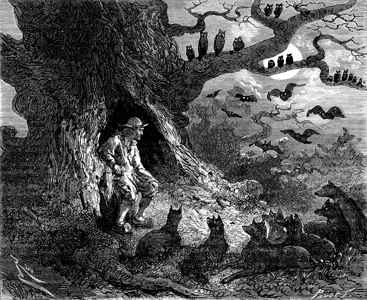 Illustration for Alexandre Dumas "s novel" Le leader de loups ": Thibault seemed to be the center of an infernal circle, 19th centurydani af Edouard Riou