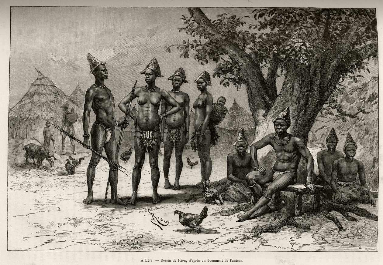 I Lera (eller Dera, Niger), typer af Mandes. Gravering af Riou, for at illustrere historien "" Fra Niger til Guineabugten"" af kaptajn Louis Gustave Binger (1856-1936), i 1887-1889, i Le tour du monde, nouveau journal des voyages, under ledelse af af Edouard Riou