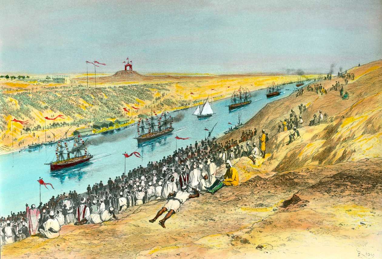 Indvielse af Suez-kanalen Kanalen blev skabt for at forbinde Det Røde Hav med Middelhavet. Illustration af Edouard Riou (1833-1900) 1869 Privat samling af Edouard Riou