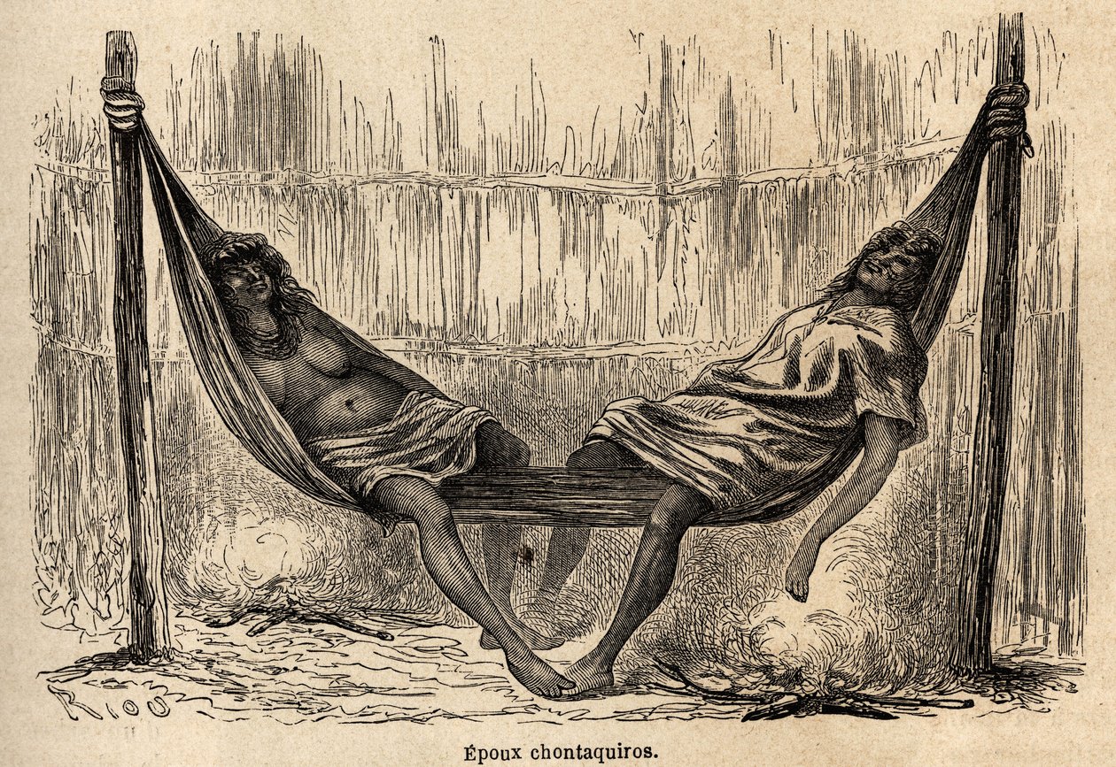 Indiske ægtemænd Chontaquiros fra Peru sover i deres brudehængekøje, tegnet af Riou for at illustrere P. Marcoys rejse fra 1848 til 1860, fra Stillehavet til Atlanterhavet. Indgravering i "" Le tour du monde"", redigeret af Edouard Charton af Edouard Riou