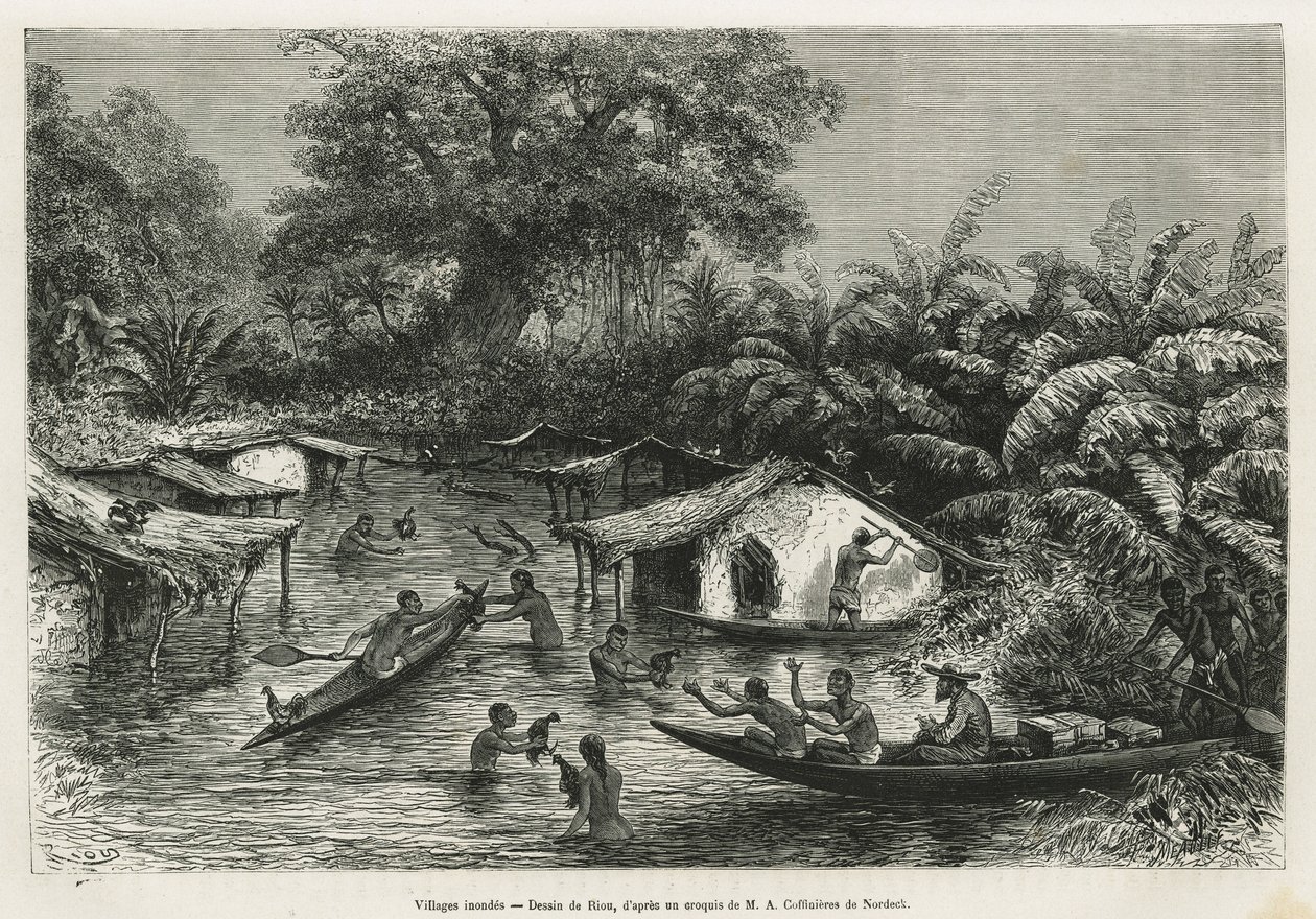 Inondes-landsbyer, tegnet af Riou, for at illustrere historien om en tur til Gabon og Ogoue-floden i 1875-1877, af Alfred Marche. Indgravering i Le tour du monde af Edouard Riou