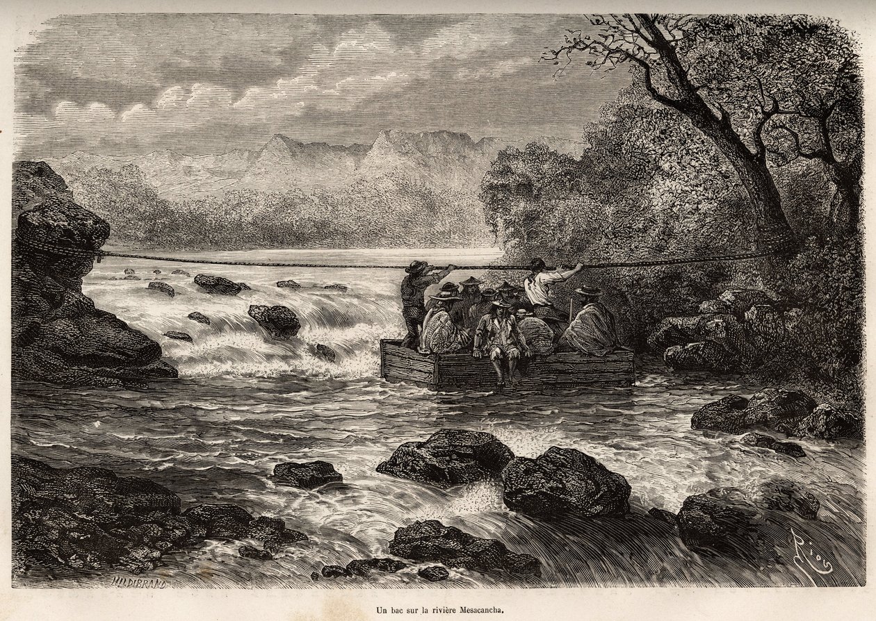 La traversee par le bac de la Riviere Mesacancha (Bas Peru), gravering af E.Riou, der illustrerer rejsen i bjergene, Huarancalqui-dalen og Pjonal-regionerne, fra 1862 til 1863, af Paul Marcoy, udgivet i "" Le tour du monde”” 1875 af Edouard Riou