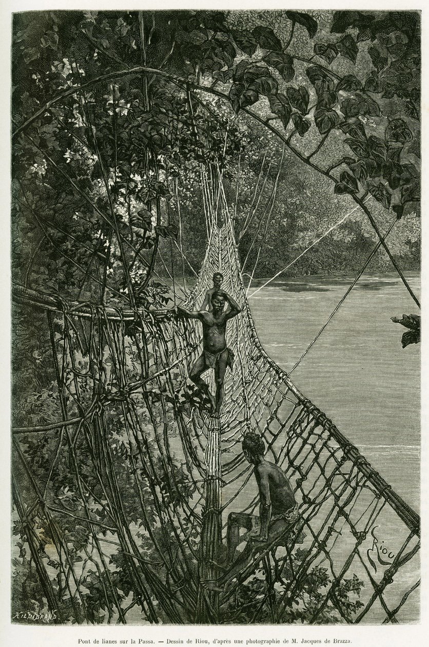 Liana-broen over Passa. Gravering af Riou, for at illustrere historien Voyages dans l