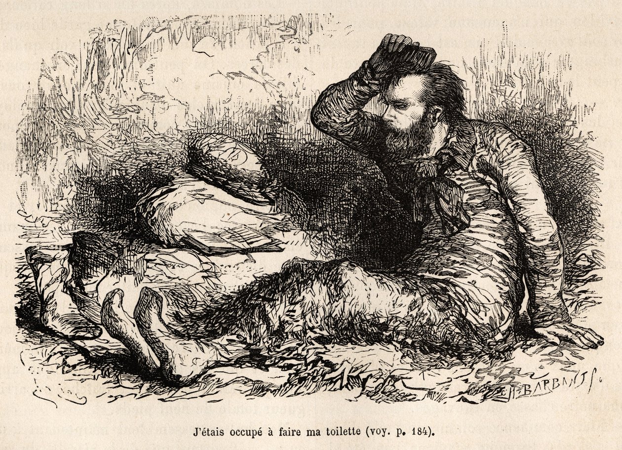 Løjtnant Tyson indtog sit morgentoilet, en kam før han tog sine støvler på, ætset efter en tegning af E.Riou, der illustrerer historien om Polaris, isflåde, af løjtnant Tyson, i 1870-1873, udgivet i "" Le tour du monde””” 1875, redigeret af Edou af Edouard Riou