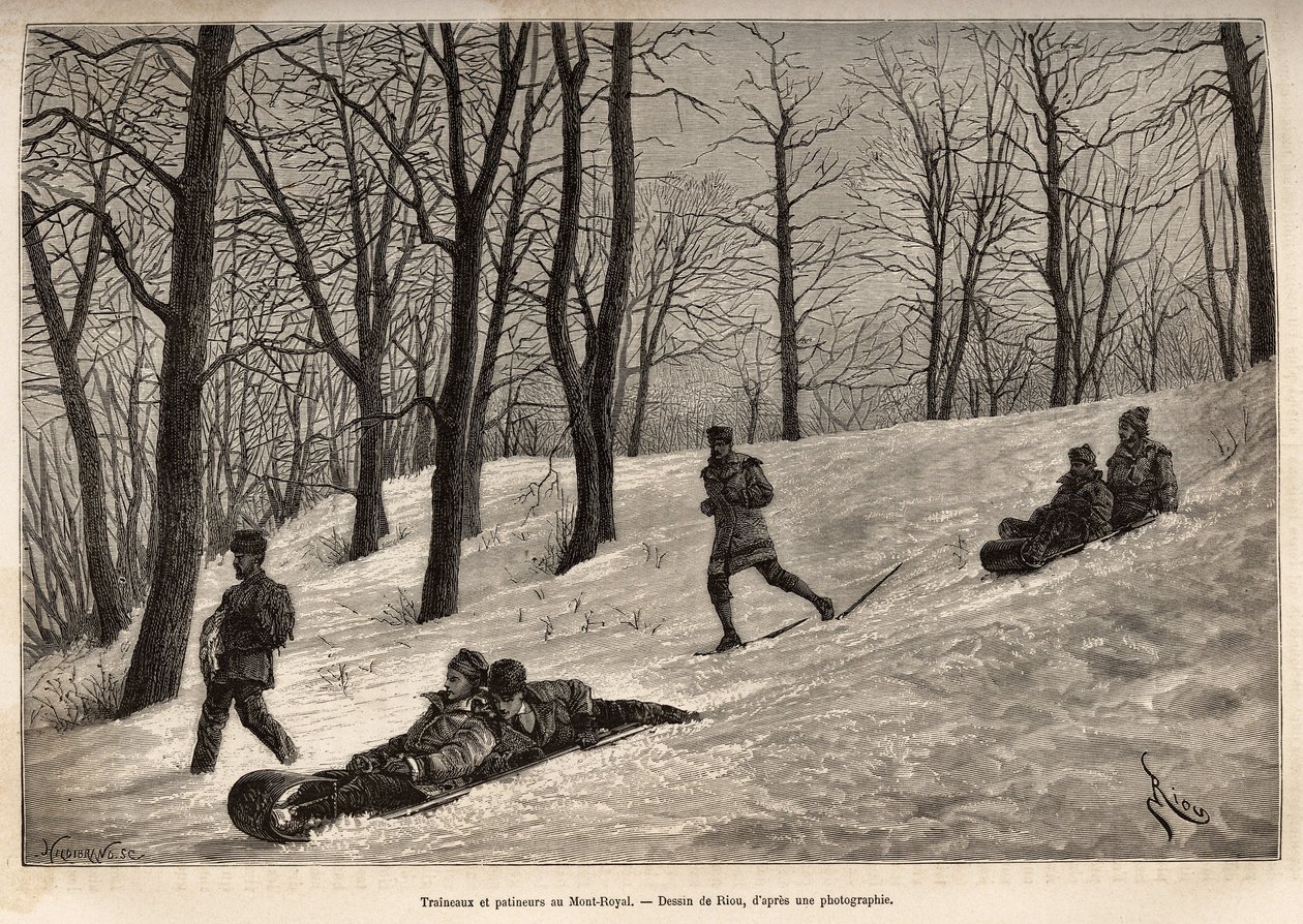 Luges et skaters au plateau du Mont-Royal, nær Montreal, gravering efter en tegning af Riou, der illustrerer udflugten til Canada og Riviere Rouge du nord, af H. De Lamotte, i 1873, udgivet i "" Le tour du monde" ”” 1875, redigeret af Edouard Charton, af Edouard Riou
