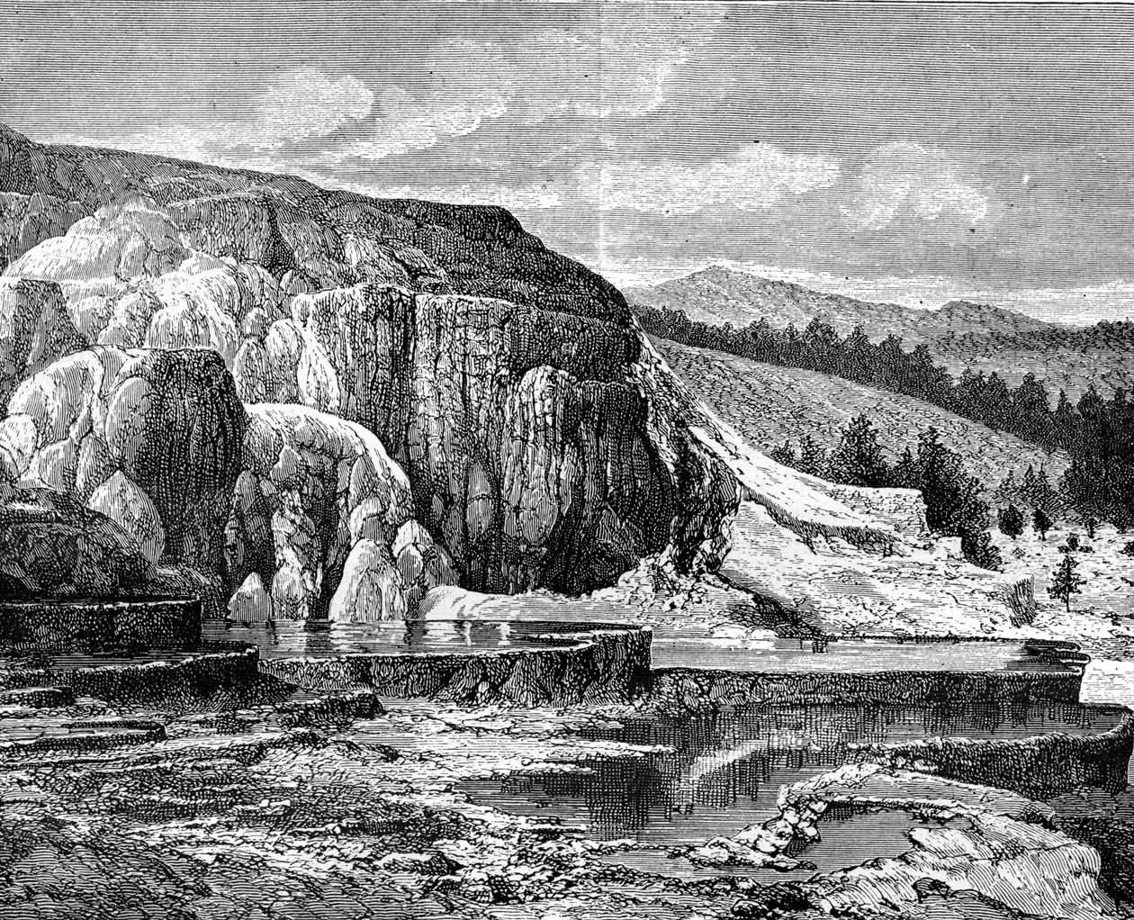 Mammoth Hot Springs, Yellowstone National Park, USA, 1800-tallet. af Edouard Riou