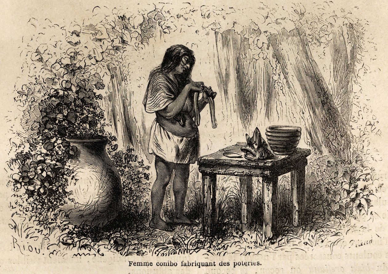 Fremstilling af keramik af en Conibo-indianer fra Peru, tegning af Riou til illustration af P. Marcoys rejse fra 1848 til 1860, fra Stillehavet til Atlanterhavet. Indgravering i "" Le tour du monde"", redigeret af Edouard Charton af Edouard Riou