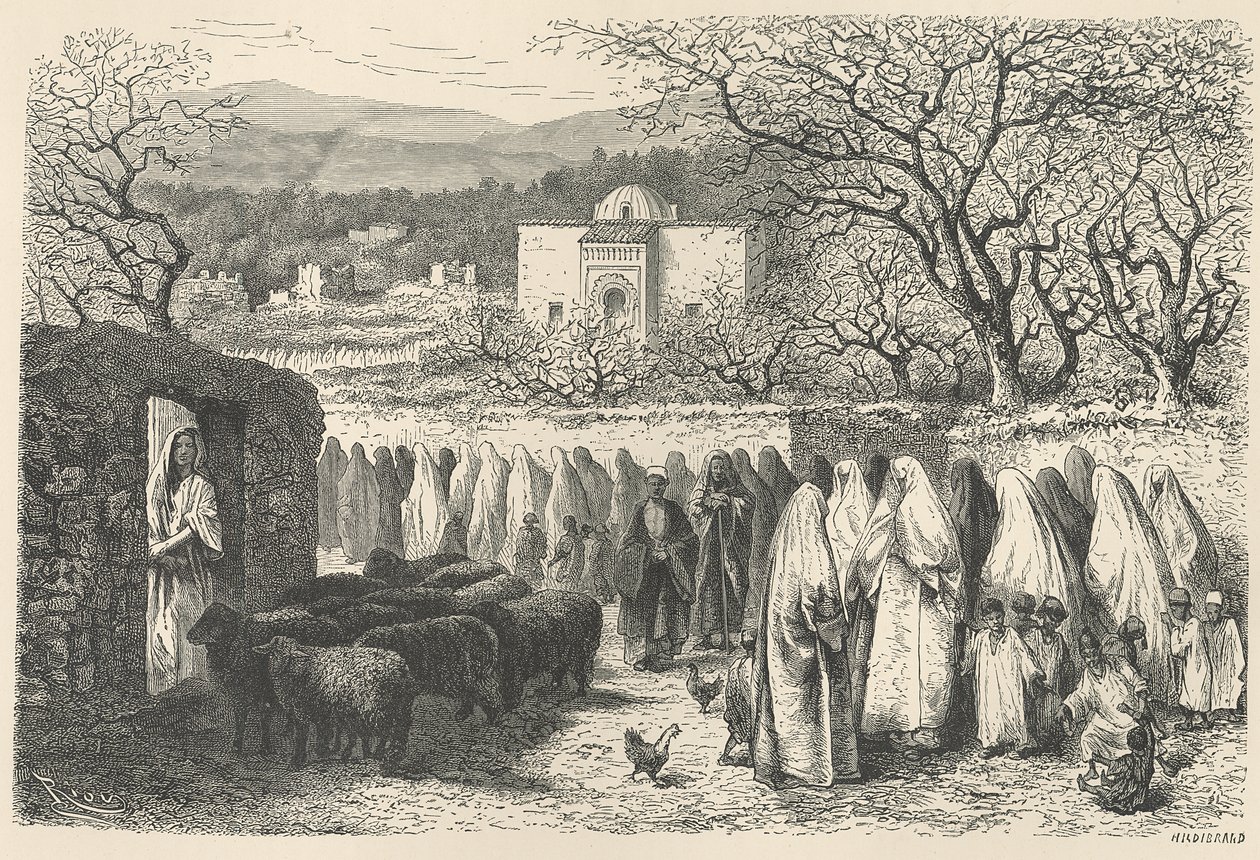 Marabout og procession: Tlemcen, graveret af Henri Theophile Hildibrand (1824-97) af Edouard Riou