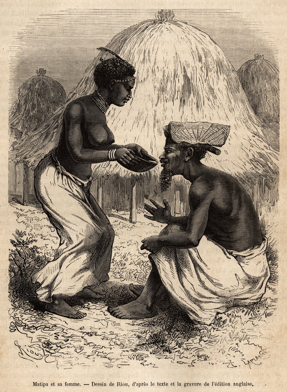 Matipa, en indfødt mand, der leverede kanoer til Livingstones hold, blev serveret drikkende af sin kone, graveret efter en tegning af Riou, der illustrerer David Livingstones sidste dagbog (1813-1873), i 1866-1873, udgivet i "" Le tour du monde ”” 1875, re af Edouard Riou