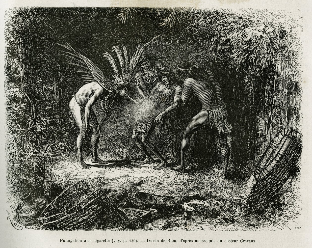 Medicinsk røgning med cigaretter i Roucouyan-indianerne. Gravering af Riou, for at illustrere historien om Cayenne aux Andes, af Jules Crevaux, læge for den franske flåde, i 1878-1879, udgivet i Tour du monde under ledelse af Edouard Charton af Edouard Riou